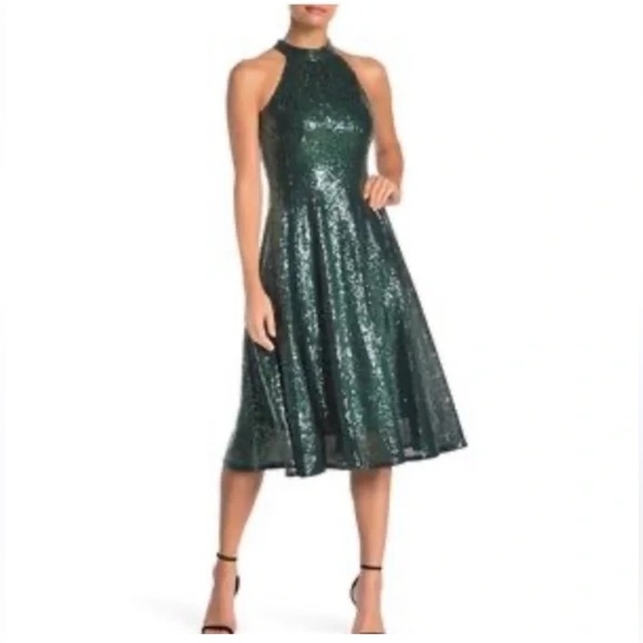 Taylor green halter top sequins midi dress key hole back - Picture 1 of 8